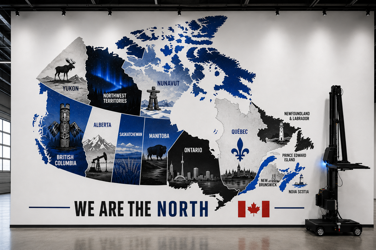 Canadian map mural printed directly onto a large wall